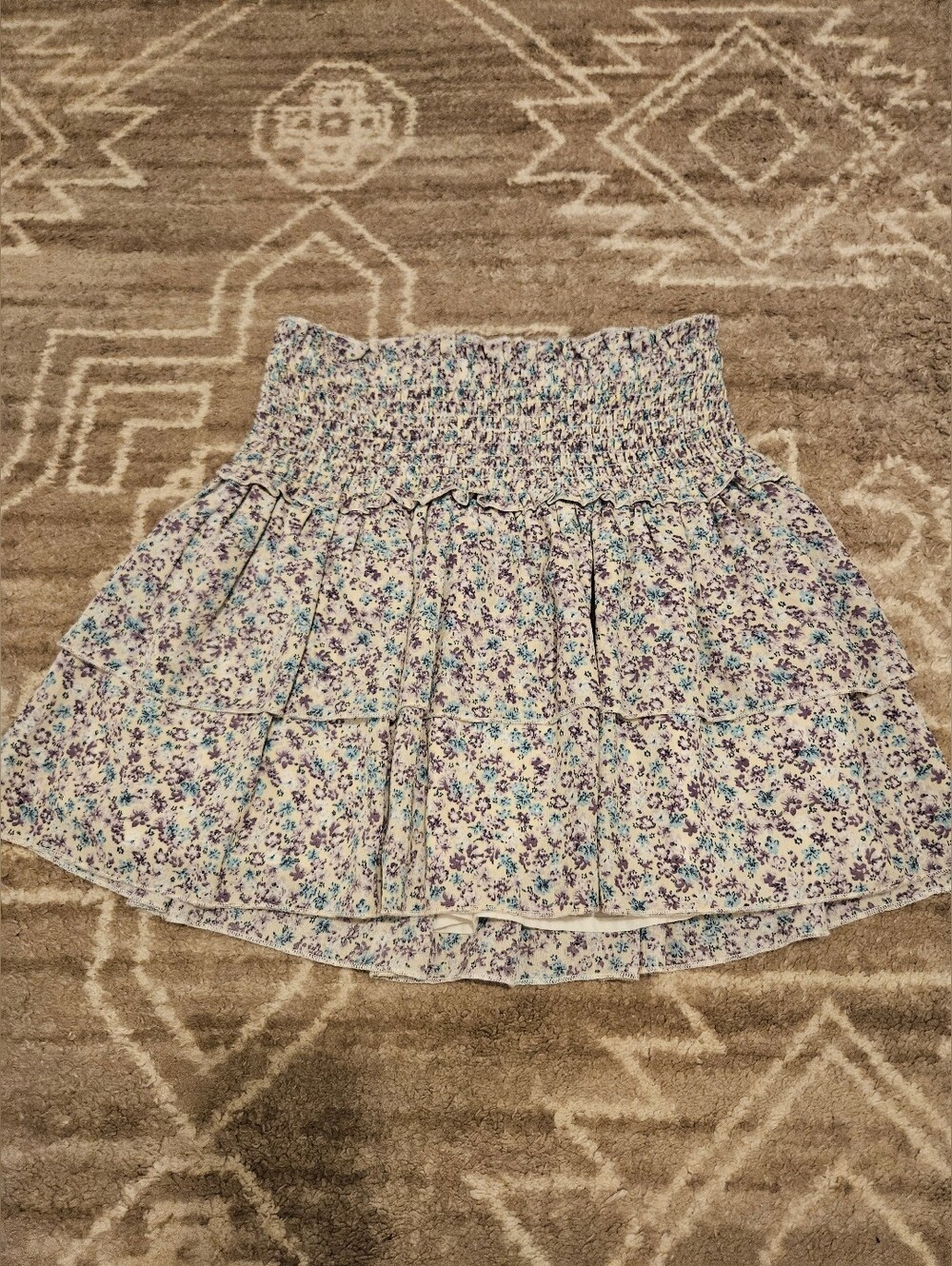 KATIE J Smocked Waist Tiered Mini Skirt - White with Purple & Blue Florals